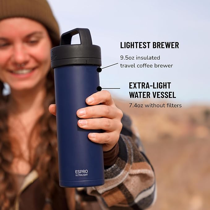 ESPRO P0 Ultralight French Press Coffee Maker for Travel Vacuum Insulated Stainless Steel 16 Ounces Aegean Blue