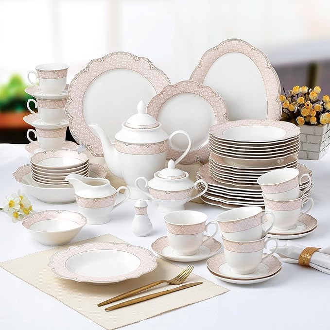 Bone China Dinnerware Set Alexandra 8-person 57-piece Blush Pink and Gold Color
