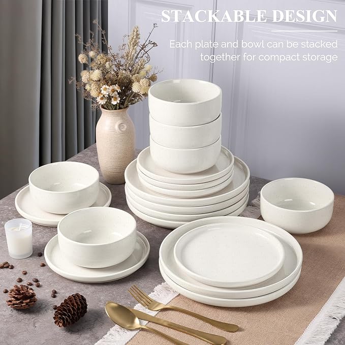 Vesteel 18-Piece Dinnerware set Ceramic Plates and Bowls set for 6 Speckled Stoneware Dishes Set for Family Microwave &amp Dishwasher Safe - Speckled White