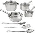 10-Piece Stainless Steel Cookware Set Induction Compatible Tri-Ply Base with Glass Lids &amp Utensils Dishwasher Safe