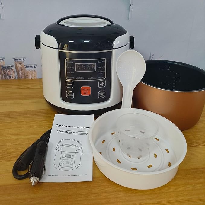 AUNMAS Portable Rice Cooker 2L Small Electric Travel Steamer with Steam Tray Keep Warm Function Compact Food Warmer for Car Truck Home (12V)