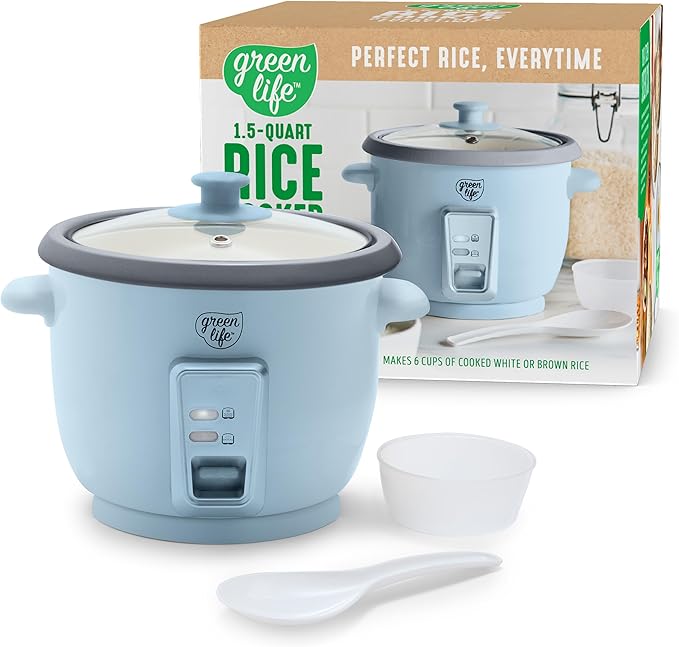 GreenLife Rice Cooker with Removable PFAS-Free Ceramic Nonstick Pot 3-Cups Uncooked/6-Cups Cooked Grains &amp Oatmeal Multicooker Compact One-Switch Design Auto Keep Warm Easy Clean Blue Haze