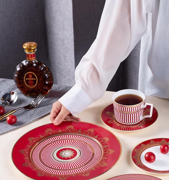 European Style Dinnerware Set Service for 2 Bone China Dinnerware Sets Unbreakable Porcelain Dinner Sets Coffee Cup and Saucer Tableware Set Steak Dinner Plates Dish Set Red Radiant Gold-3