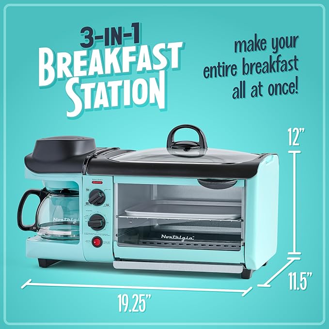 Nostalgia 3-in-1 Breakfast Station - Includes Coffee Maker Non-Stick Griddle and 4-Slice Toaster Oven - Versatile Breakfast Maker with Timer - Aqua
