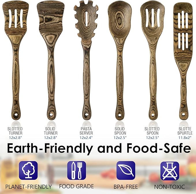 Wooden Spoons for Cooking Pakkawood Kitchen Utensil Set Granite Premium Durable Wooden Utensils for Nonstick Cookware Heat Resistant Smooth Finish Comfortable Grip 6 Piece