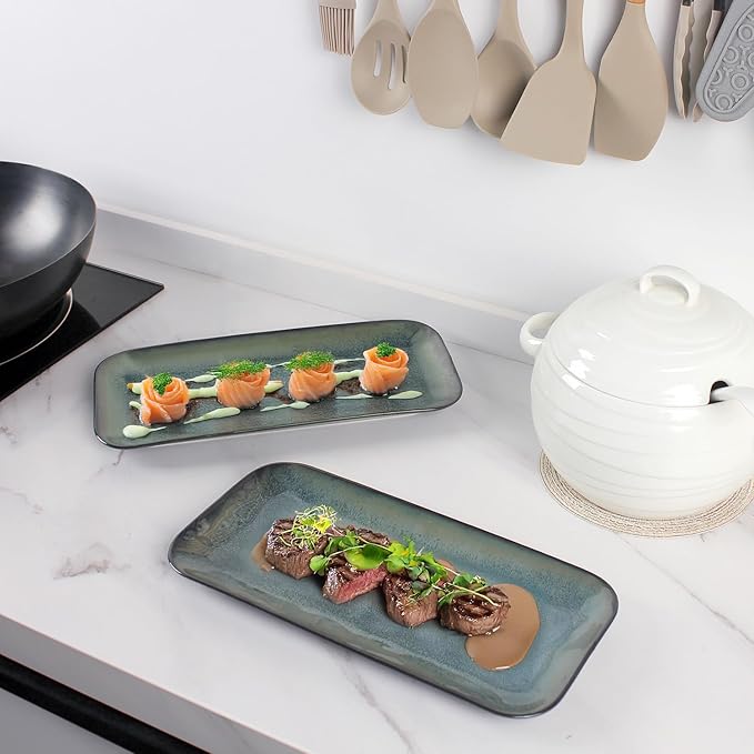Serving Platters Set of 4 Rectangular Serving Plates Serving Trays for Entertaining Party MicrowaveOvenDishwasher SafeKitchen Dinnerware Blue reactive glaze 12.7 Inch