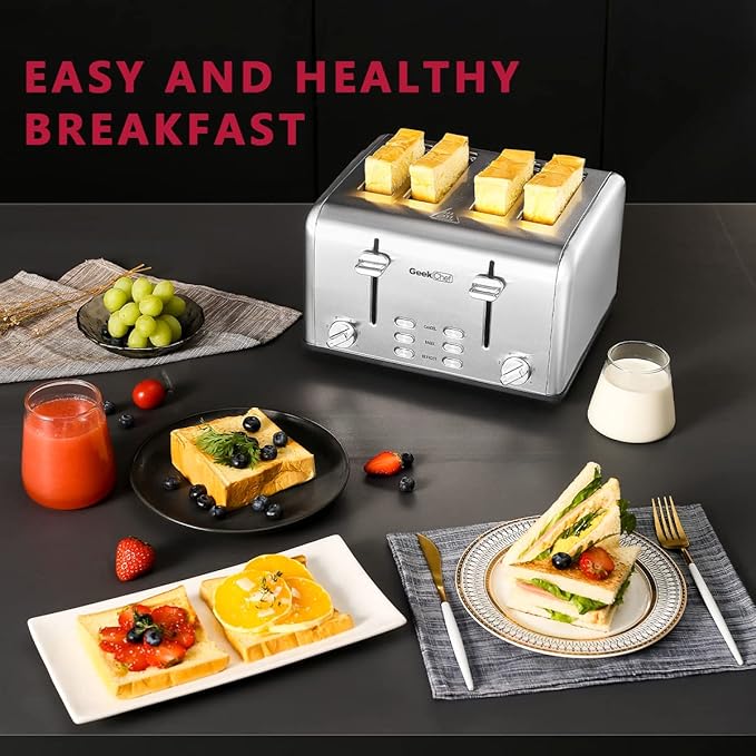 Toaster 4 Slice Geek Chef Stainless Steel Extra-Wide Slot Toaster with Dual Control Panels of Bagel/Defrost/Cancel Function 6 Toasting Bread Shade Settings Removable Crumb Trays Auto Pop-Up