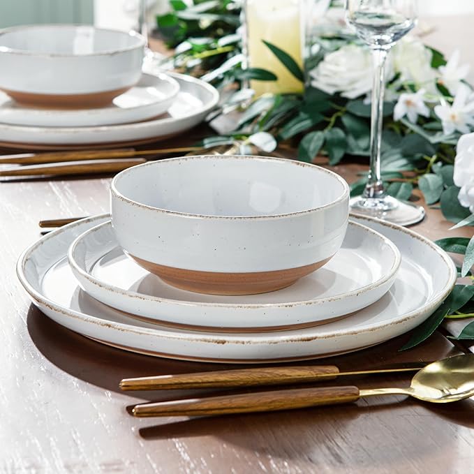 AmorArc Ceramic Dinnerware Sets for 4 12 Pieces Handpainted Plates and Bowls Set with Rustic Terracotta Underside Scratch Resistant Stoneware Dishes Set Dishwasher &amp Microwave Safe White