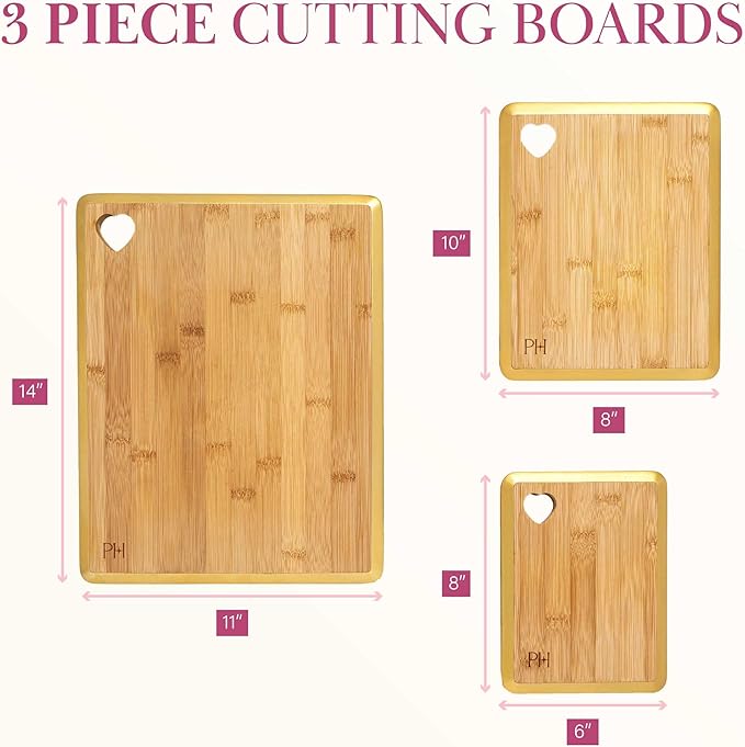 Paris Hilton Reversible Bamboo Cutting Board Set with Heart Shaped Cut-Out Design Glamorous Gold Edge Detail and Multiple Board Sizes 3-Pieces Gold