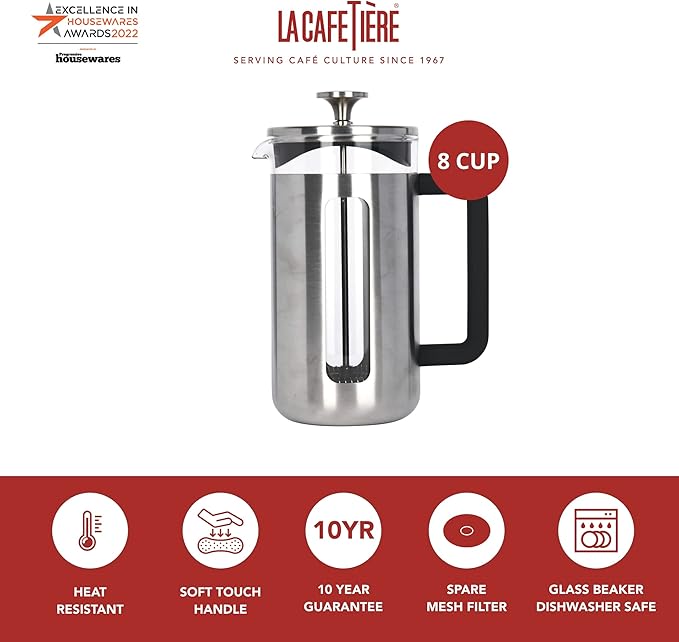 La Cafetière Pisa Brushed Stainless Steel Cafetière Eight Cup Silver Gift Boxed