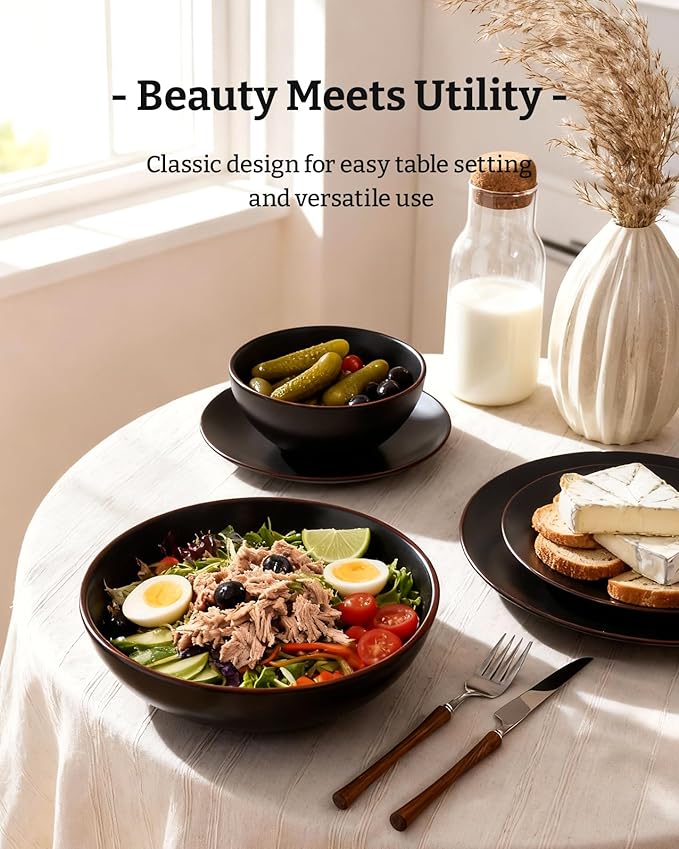 Famiware Venus Stoneware Dinnerware Set with Pasta Bowls for 4 (16 Pieces) Modern Plates and Double Bowls Matte Black - Microwave &amp Dishwasher Safe Dishes with Trim for Everyday &amp Formal Use