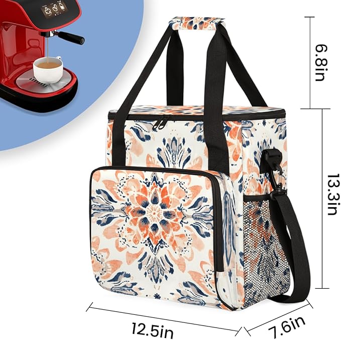 Rich Damask Coffee Maker Carrying Bag Retro Floral Travel Storage Bag Compatible with K-Mini or K-Mini Plus Single Serve Coffee Brewer Carrying Case with Multiple Pockets &amp Shoulder Strap