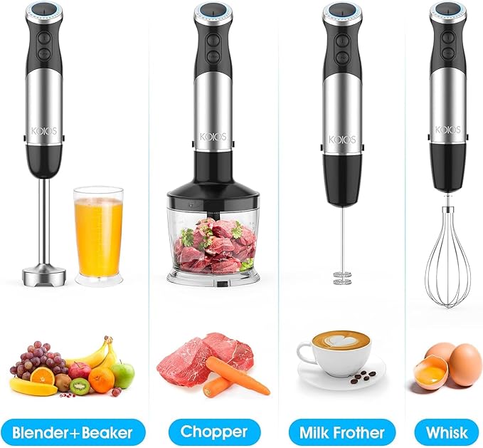 KOIOS Upgraded Immersion Blender Handheld 1000W 12-Speed 5 in 1 Hand Mixer Stick Blender with 304 Stainless Steel BladeFood ProcessorBeakerEgg Whisk&ampMilk FrotherNon-BPASmoothies Purée Baby F