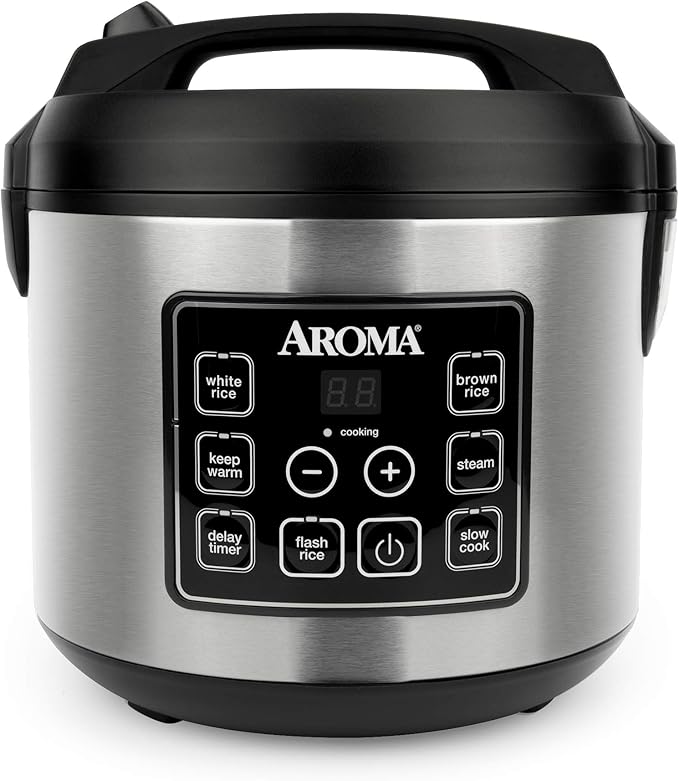 Aroma Housewares 20 Cup Cooked (10 cup uncooked) Digital Rice Cooker Slow Cooker Food Steamer SS Exterior (ARC-150SB)Black