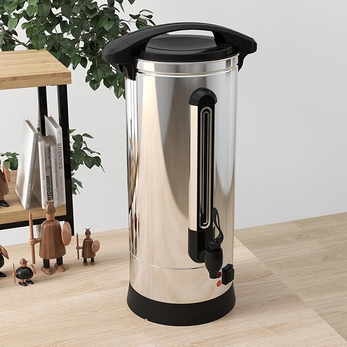 IDEALHOUSE 10L Coffee Urn 100 Cup Commercial Stainless Steel Percolator Hot Beverage Dispenser Double-Wall Insulated 304 SS Dripless Faucet &amp Water Level Gauge Silver/Black