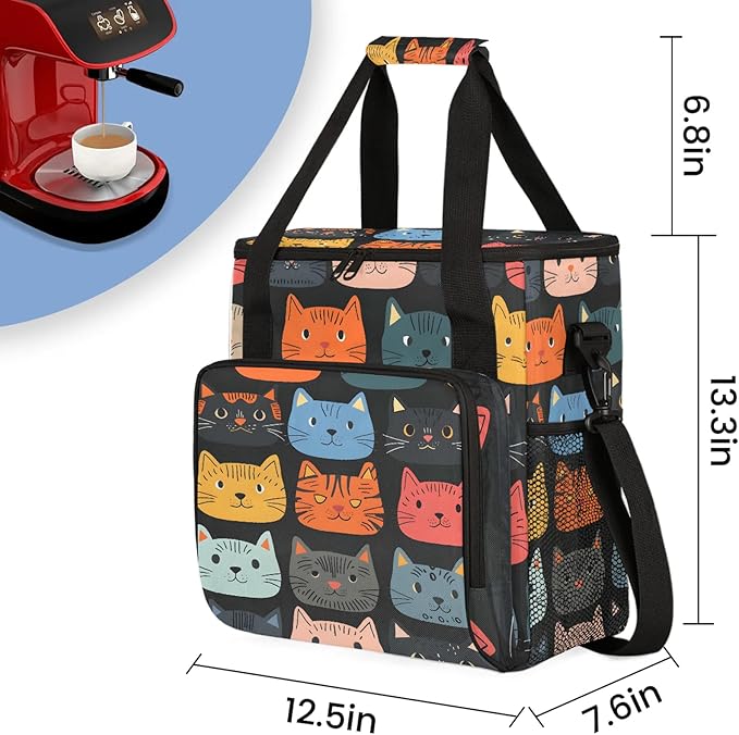 Cute Cartoon Cat Coffee Maker Carring Bag Large Insulated Storage Organizer Case Tote Bags with Shoulder Strap for Travel Work Picnic