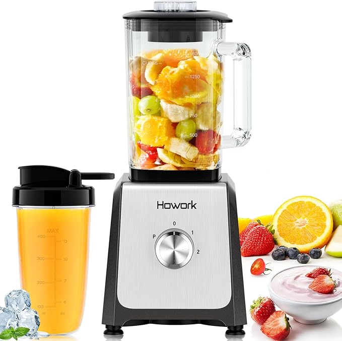 HOWORK Blender for Smoothies 750W Personal Blender 56 Oz Glass Jar 16oz Portable Cups2+P speed 3 Functions for Smoothies Frozen Drinks &amp Ice CreamGrey