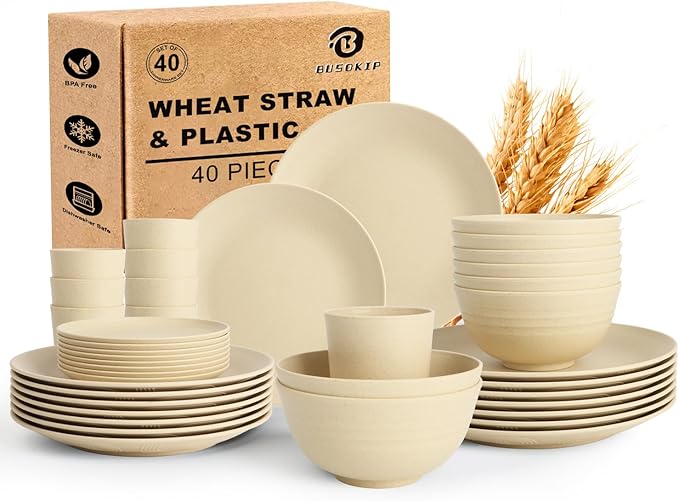 40 PCS Wheat Straw Dishes Sets | Reusable Dinnerware Set for 8 - Dinner Plates Cereal Bowls Drinking Glasses Unbreakable Plastic Plates and Bowls Sets Microwave Safe for Kitchen - Beige