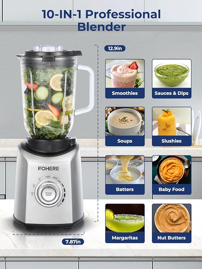 FOHERE Professional Blender Peak 1300W Countertop Blender with 3 Presets＆ 5 Speeds for Smoothies Shakes and Frozen Drinks 50 Oz Glass Jar ＆20 Oz Tritan Jug