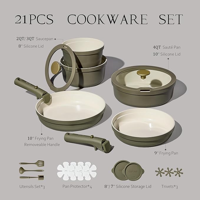 Carote 21pcs Ceramic Cookware Set with Detachable Handles Pots and Pans Set Non Stick RV Kitchen Cooking Pot and Pan Dishwasher Safe Non-toxic Induction Cookware PFAS and PFOA Free Olive Green