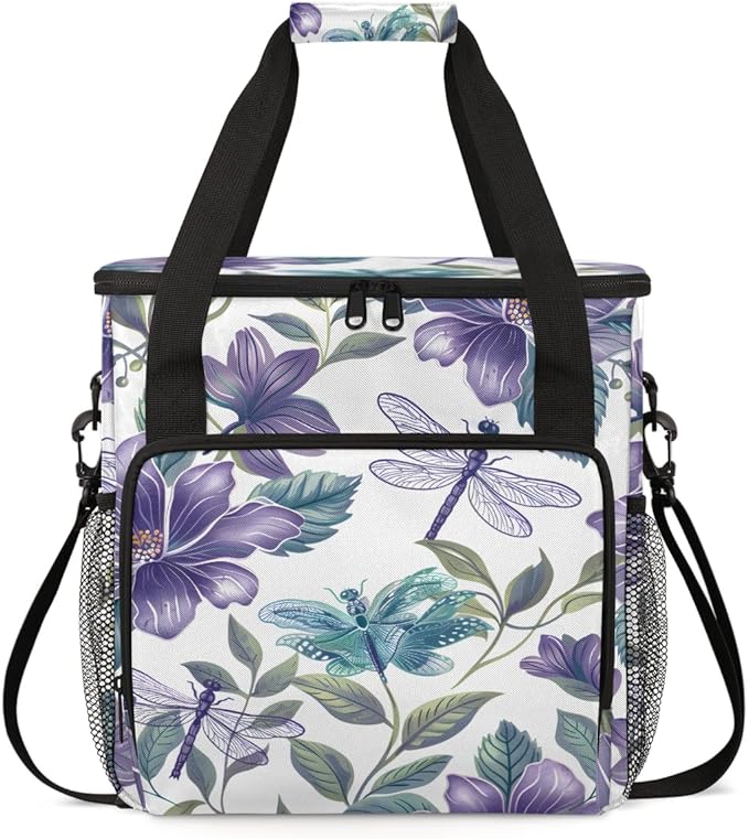 Flowers Dragonfly Coffee Maker Carrying Bag Portable Travel Storage Tote Bag Compatible with K-Mini or K-Mini Plus Single Serve Coffee Brewer Carrying Case with Multiple Pockets &amp Shoulder Strap