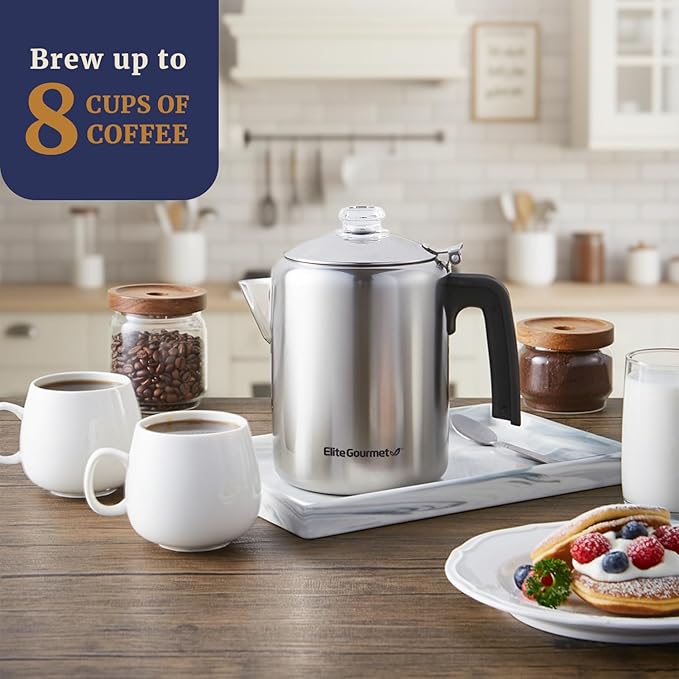Elite Gourmet EC008 Classic Stovetop Coffee Percolator Glass Clear Brew Progress Knob Cool-Touch Handle Cordless Serve 8-Cup Stainless Steel