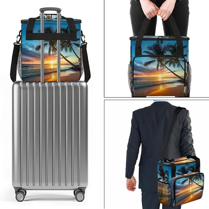 Palm Tree Seaside Scenery Coffee Maker Travel Bag for Keurig K-Mini/K-Mini Plus Insulated Waterproof Tote with Pockets for K-Cup Portable Single-Serve Brewer Case