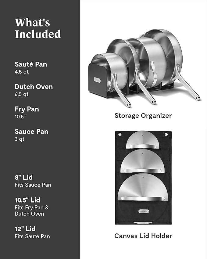 Caraway Stainless Steel Cookware Set – 12 Piece 5-Ply Stainless Steel Pots and Pans Set - Includes Fry Sauce Sauté Pan Dutch Oven and Space-Saving Storage - Non Toxic PTFE &amp PFOA Free