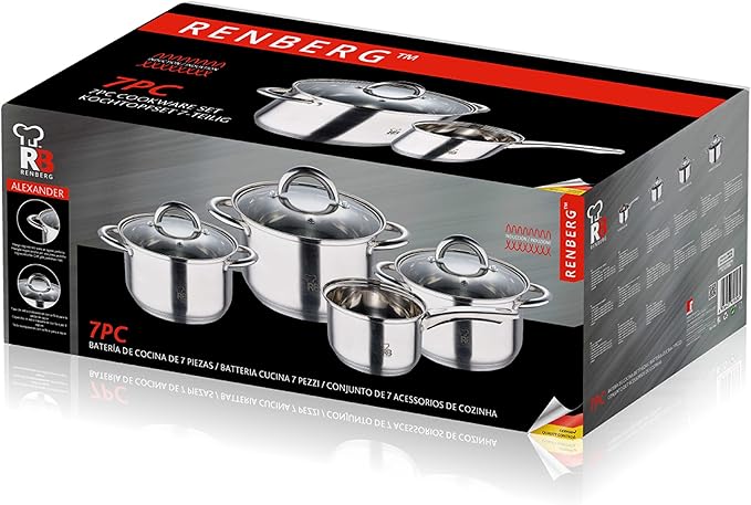 Alexander - 7 Piece Kitchen Battery with 3 Ducks of 18 20 and 24 cm with a Lid + 1 of 16 cm - Made of Stainless Steel - Bucket Set - 5-Layer Capsuled Background