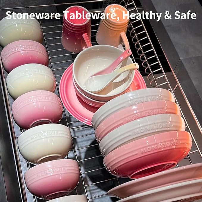 12-Piece Pink Ceramic Dinnerware Set - Monazone Series Service for 4 Includes Bowls &amp 8''/9'' Plates Glossy Finish