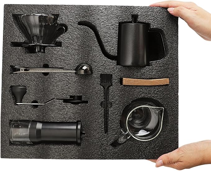 Pour Over Coffee Maker Set Manual Grinder Gooseneck Kettle with Thermometer Dripper Glass Carafe Filters Brush &amp Scoop Complete Hand Brew Coffee Gifts Kit for Coffee Lovers