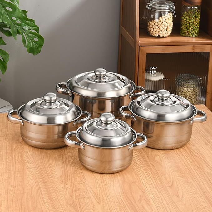Kitchen Cookware Sets Stainless Steel Professional Pots and Pans Include Saucepan Sauté Pan Stockpot with Lids 4-Piece Silver (B) Variety Pack