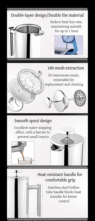 Cafetiere French Press Coffee Maker 350ml/15oz 304 Stainless Steel Portable Double Wall Insulated Heat Resistant Coffee Press for Woman Man Silver Color for Home Camping and Office