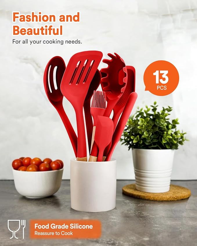 Kitchen Utensils Set 13PCS Silicone Cooking Utensils Heat Resistant Kitchen Utensil Spatula Set for Nonstick Cookware Wooden Handles Kitchen Gadgets Tools Set (RED)