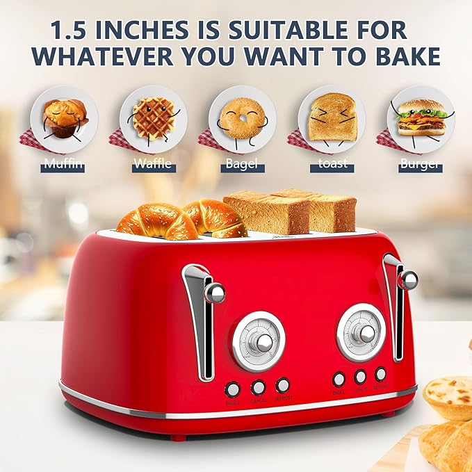 Toaster 4 Slice Wide Slot Toaster Long Slot with Warming Rack 6 Browning Settings Bagel/Defrost Functions Removable Crumb Tray (Red)