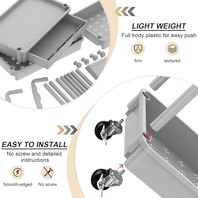 Goovilla 4 Tier Rolling Utility Cart Organizer with Removable Drawer Stable and Sturdy Grey Rolling Storage Carts with 2 Lockable Wheels for Bathroom Kitchen Snack Craft Makeup Baby Essentials