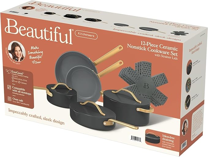 12-Piece Ceramic Non-Stick Cookware Set | Pots &amp Pans with Lids | PFOA-Free Ceramic Coating | Induction Compatible &amp Oven Safe | Gold Handles | Includes Protectors