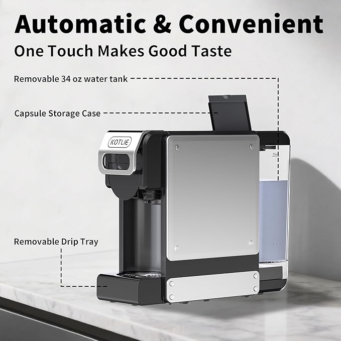 KOTLIE 4-in-1 Espresso Capsule Coffee Machine Single Serve Coffee Maker for K*cup/Nes/DG/Ground Coffee 19Bar 1LST-550(silver)