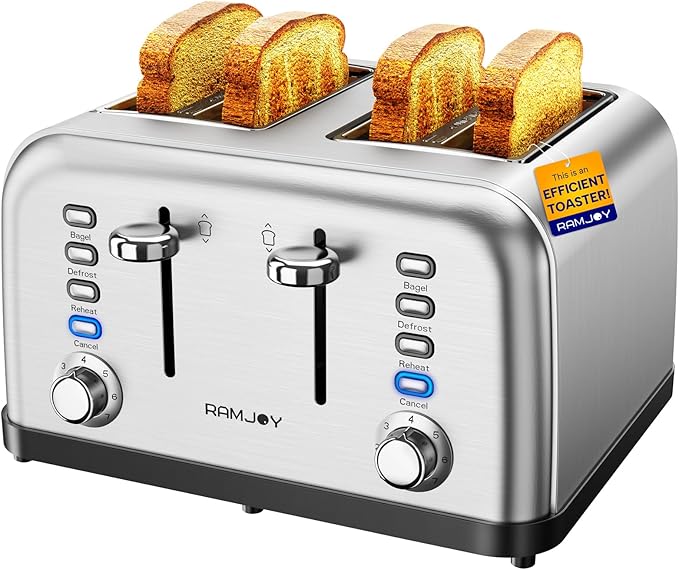 Toaster 4 Slice Dual Independent Controls Extra Wide Slot Toasters for Bagel Bread Waffles 7 Shade Settings 4 Main Functions Removable Crumb Tray 1500 Watts Brushed Stainless Steel