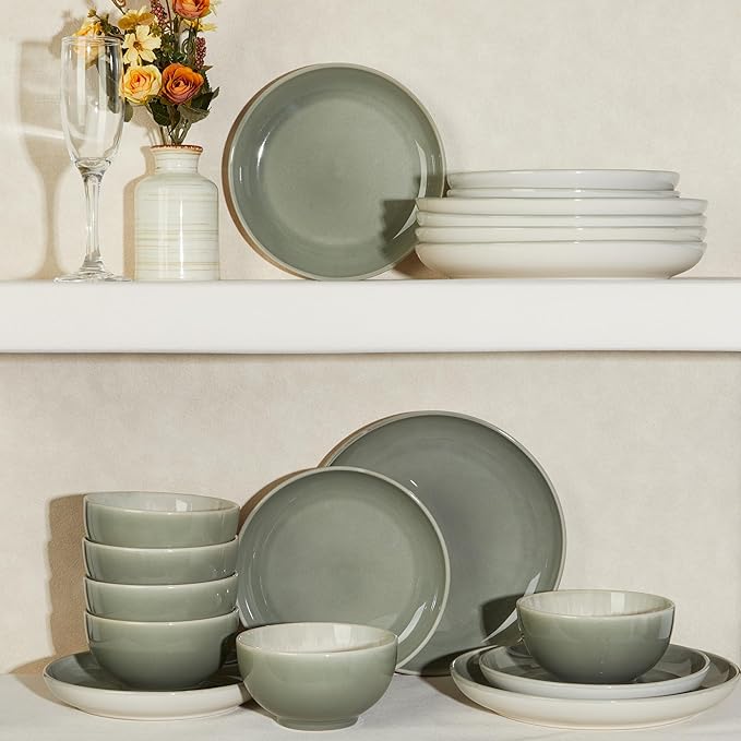 Plates and Bowls Sets for 8 24 Piece Dinnerware Set for Large Families &amp Entertaining Elegant Design Dishwasher &amp Microwave Safe Chip Resistant and Durable Gray Green
