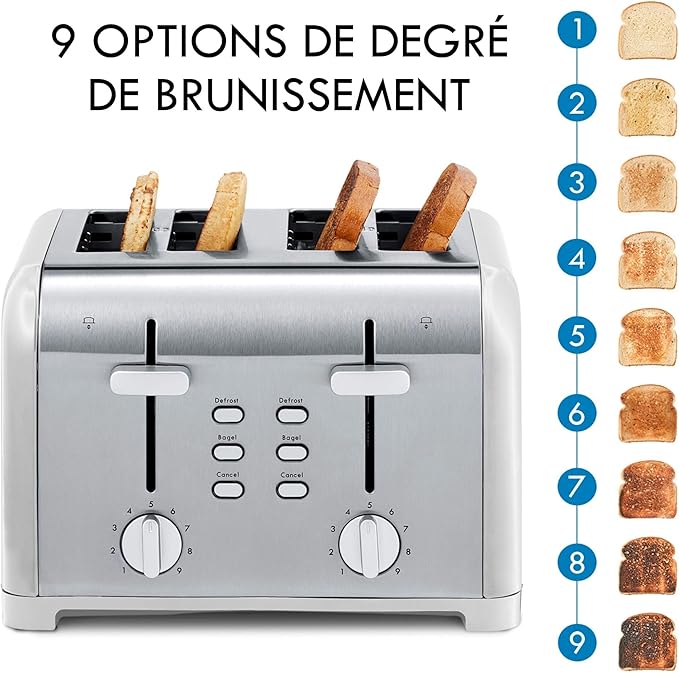 Kenmore Toaster 4 Slice - Extra Wide Slot Countertop Kitchen Appliance Defrost Function Grille-Pain 9 Shade Settings Compact Design Easy Clean Crumb Tray Bread Bagel Stainless Steel &amp White