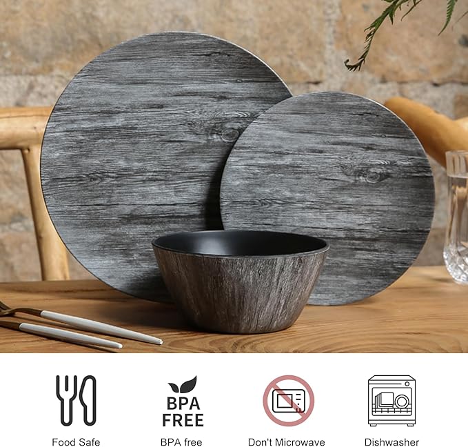 Melamine Dinnerware Set – Rustic 12 Piece Plates and Bowls Heavy Duty Dishes for Indoor Outdoor Use Break-Resistant Dishwasher SafeBlack Wood Grain