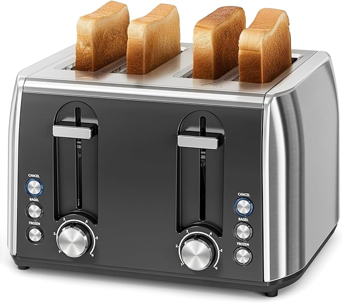 4 Slice Toaster 6 Browning Settings Removable Crumb Tray Stainless Steel Bread Toaster for Bagels Muffins Waffles Defrost Cancel Button 120V 1800W