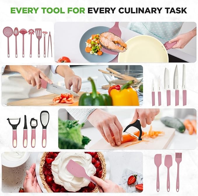 54-Piece Kitchen Cookware Set – Complete Non-Stick Ceramic Pots and Pans Set with Utensils Bakeware and Knife Set Gas Electric &amp Induction Compatible Blush Pink Kitchen Essentials