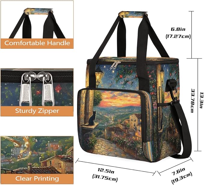 Light Night Scene Cat Flower Coffee Maker Carring Bag Travel Carrying Storage Tote Bag Compatible with Keurig K-Mini or K-Mini Plus Portable Single Serve Coffee Brewer Case with Pockets