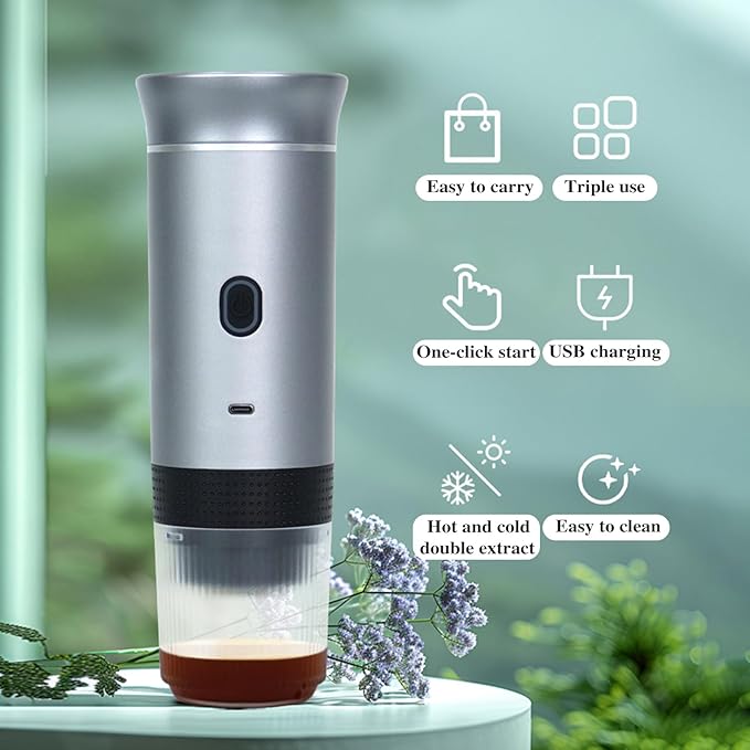Portable Mini Coffee Maker15 Bar Pressure Espresso MachineCold or Hot 120ML Electric Coffee MakerSmall Handheld Coffee Machine for HomeOfficeTravel (Silver)