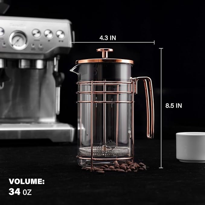 French Press 34 Ounce (1000ml) Coffee Maker Glass Rose Gold Coffee Press Heat Resistant Borosilicate Glass Tea Maker and 3 layers Filter Coffee Pot for Camping Travel Gifts