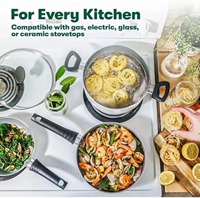 Nonstick Cookware Set with Glass Lids - Aluminum Bakeware Pots and Pans Storage Bowls &amp Utensils