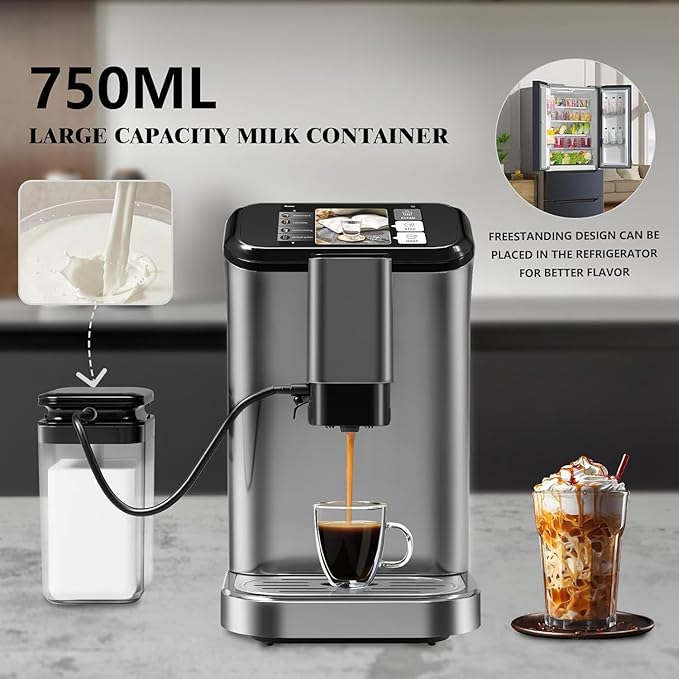 Fully Automatic Espresso Coffee Machine With Touch Screen20 Bar Espresso Machine With Automatic Milk Frothing and Adjustable Espresso Bean Grinder 1.5L Serve Coffee Maker for Home