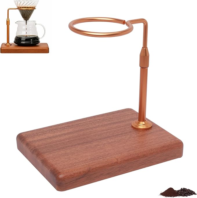 Pour Over Coffee Maker with Adjustable Stand &amp Wooden Base Dripper Stand for Manual Coffee Brewing Coffee Filter Holder Tea Strainer Stand for Home Café Restaurant Camping Golden